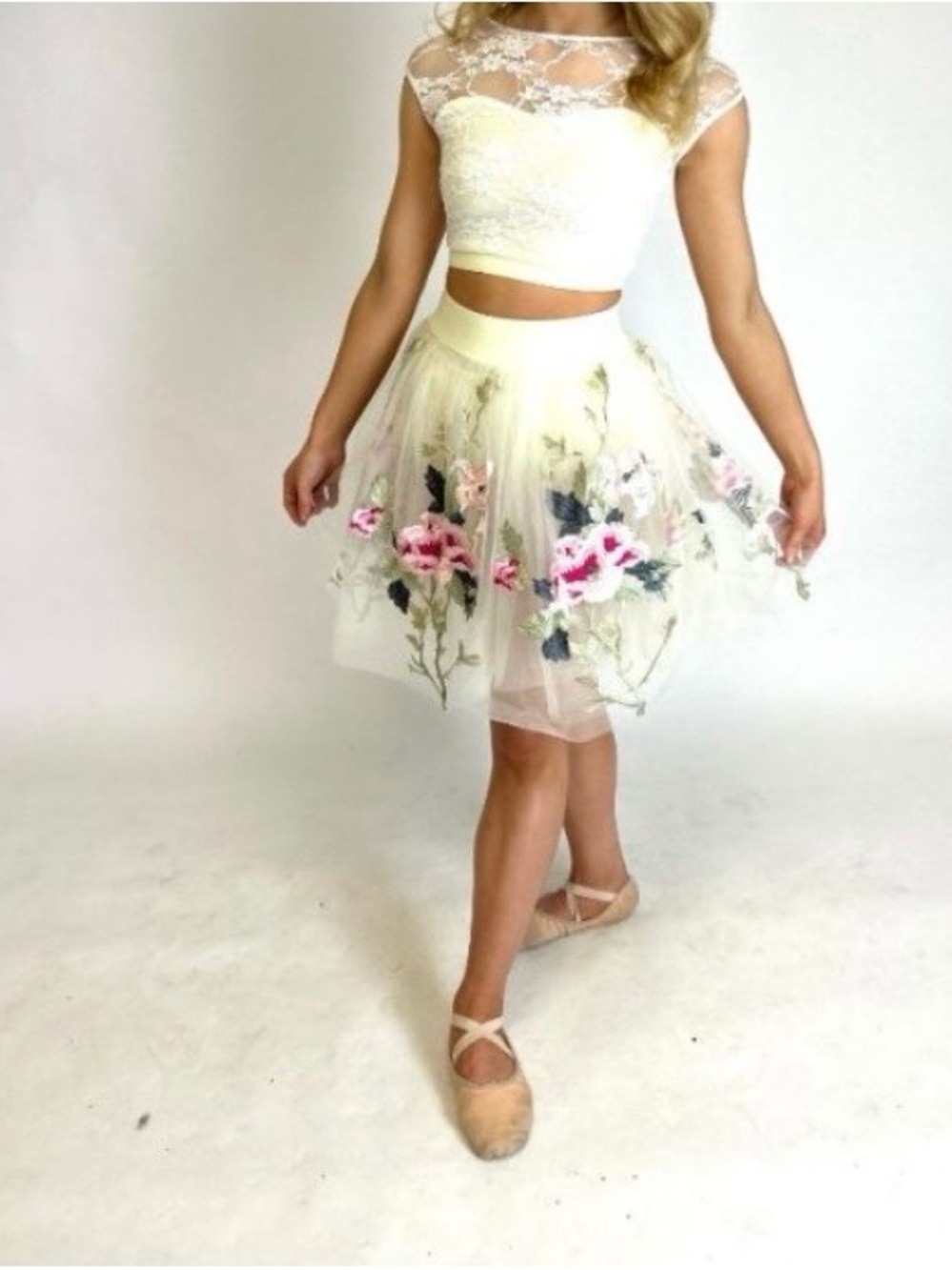 Weissman Cream Tulle Skirt with Pink Floral Embroidery